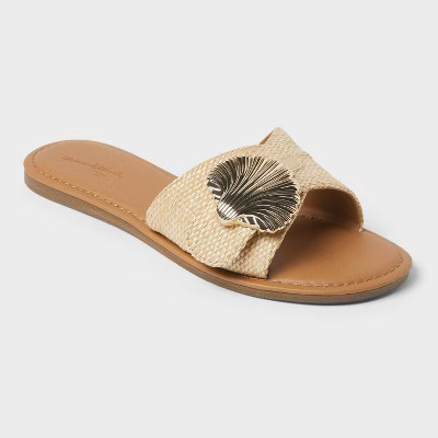 Women's Nesryn Raffia Shell Ornament Slide Sandals - Universal Thread™ Tan 8: Cushioned Insole,... | Target