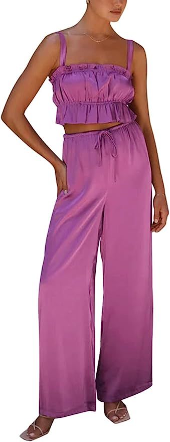 OLYCELAK Women Summer Sexy Satin Pajamas Set Pleated Cami Crop Tops Drawstring High Waisted Wide ... | Amazon (US)