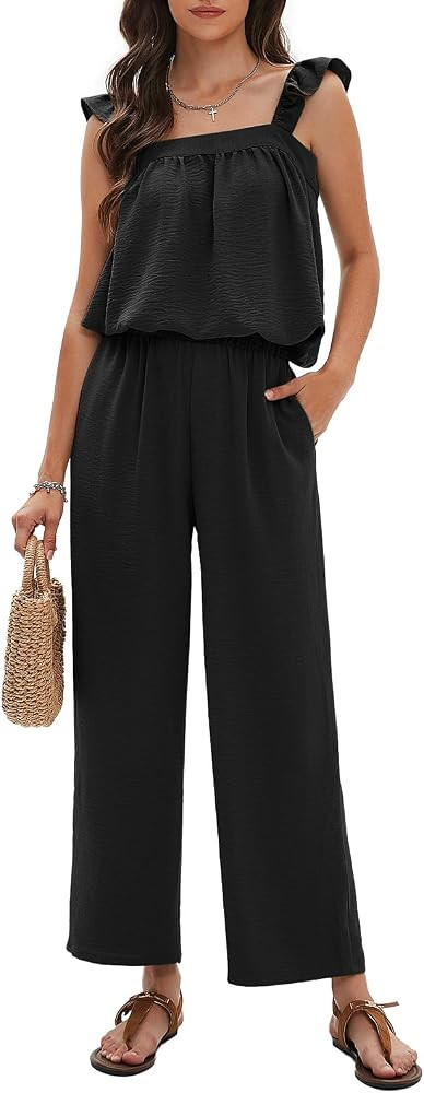 EXLURA Womens Summer 2 Piece Sets Sleeveless Square Neck Tie-Back Cami Top Wide Leg Pants Matchin... | Amazon (US)