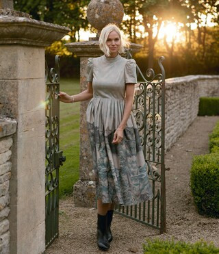 x Jennifer Sumko Bec Landscape Printed Sateen Mock Neck Short Puff Sleeve Pleated A-Line Midi Dre... | Dillard's