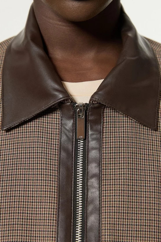 Check and Faux Leather Tailored Bomber Jacket | Karen Millen UK + IE + DE + NL