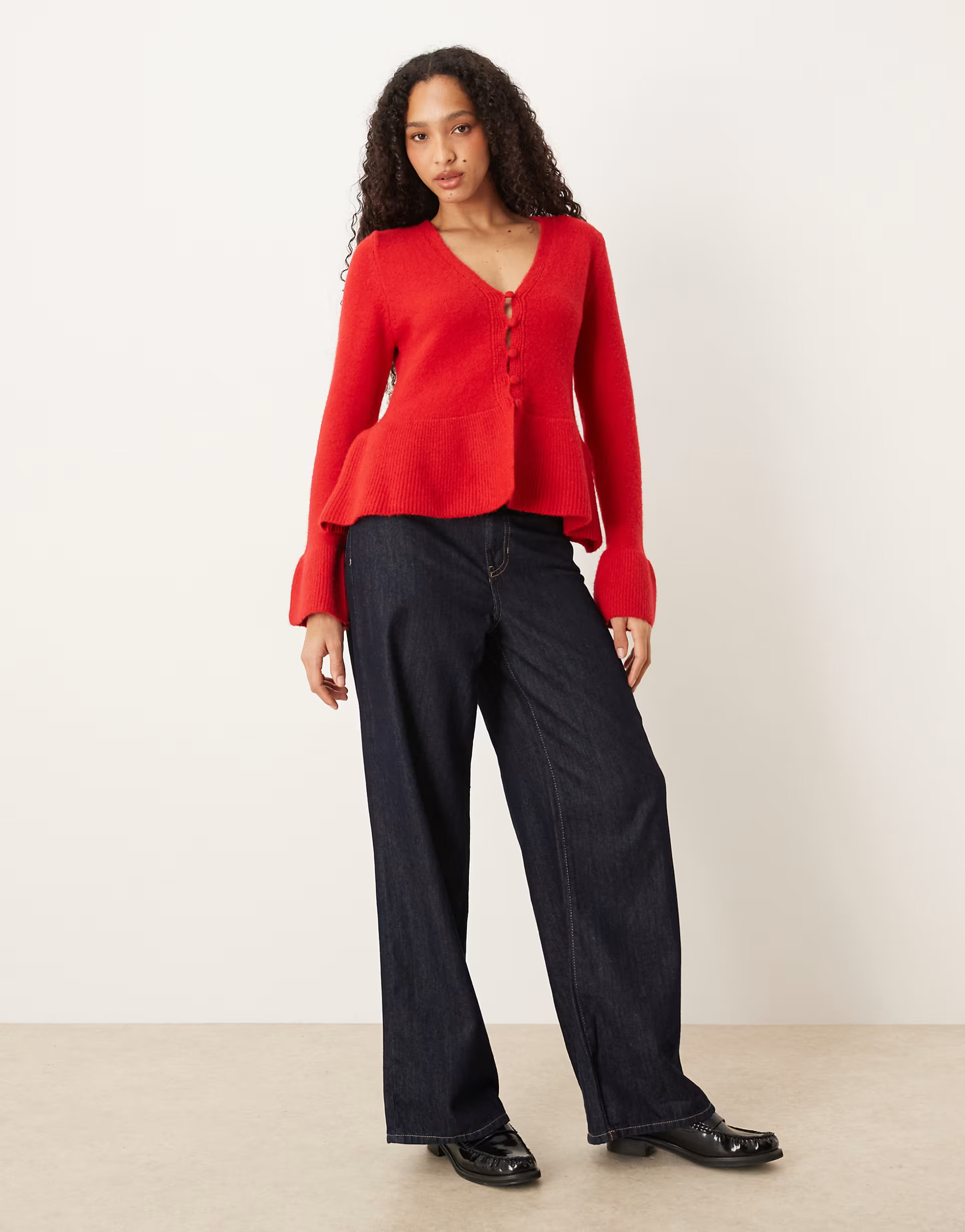 Gina Tricot wool knitted peplum cardigan top in red | ASOS (Global)