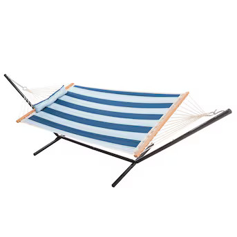 Style Selections Lexington Stripe Ocean Blue Quilted Hammock with Stand | Lowe's