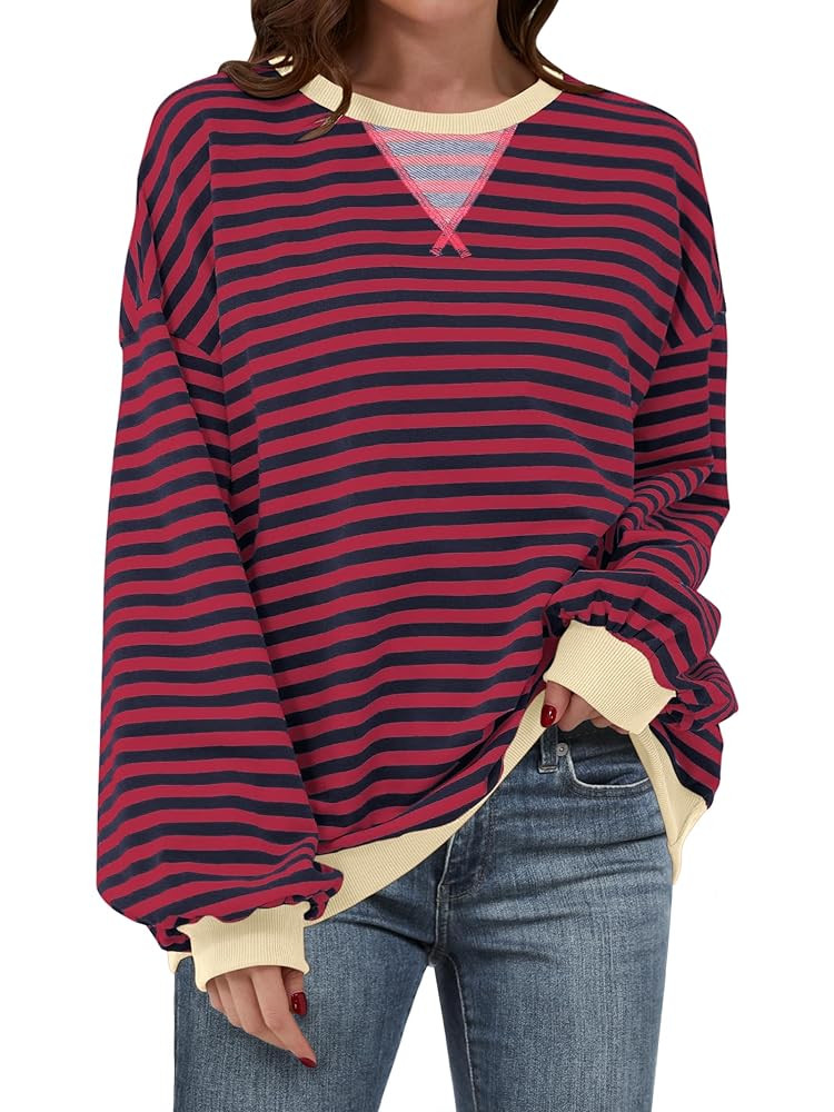 ANRABESS Women Striped Sweatshirts Oversized Crewneck Long Sleeve Shirts Y2K Pullover Top 2025 Fa... | Amazon (US)