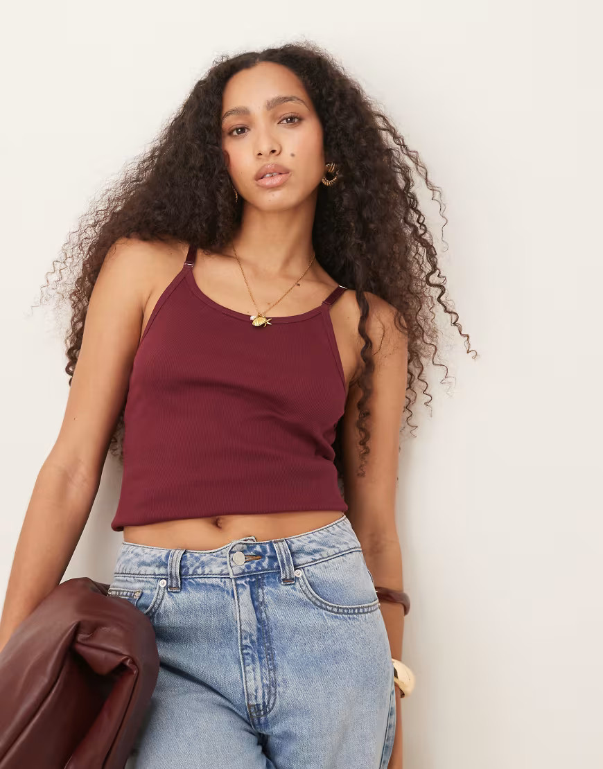 ASOS DESIGN strap detail scoop neck vest in dark cherry-Red | ASOS (Global)
