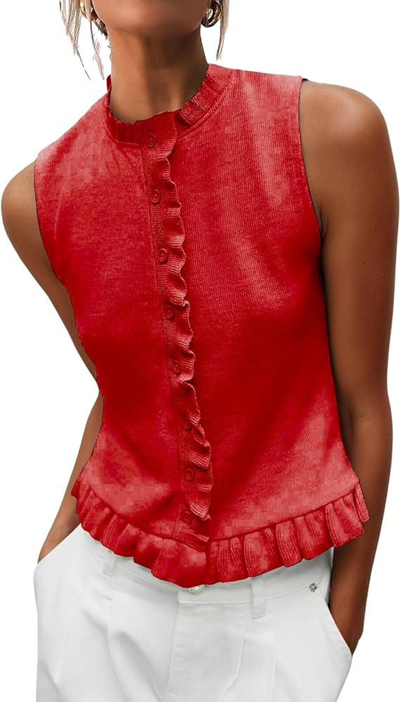 Womens Sleeveless Sweater Vest Mockneck Button Down Vacation Tank Top Summer Ruffle Going Out Ves... | Amazon (US)