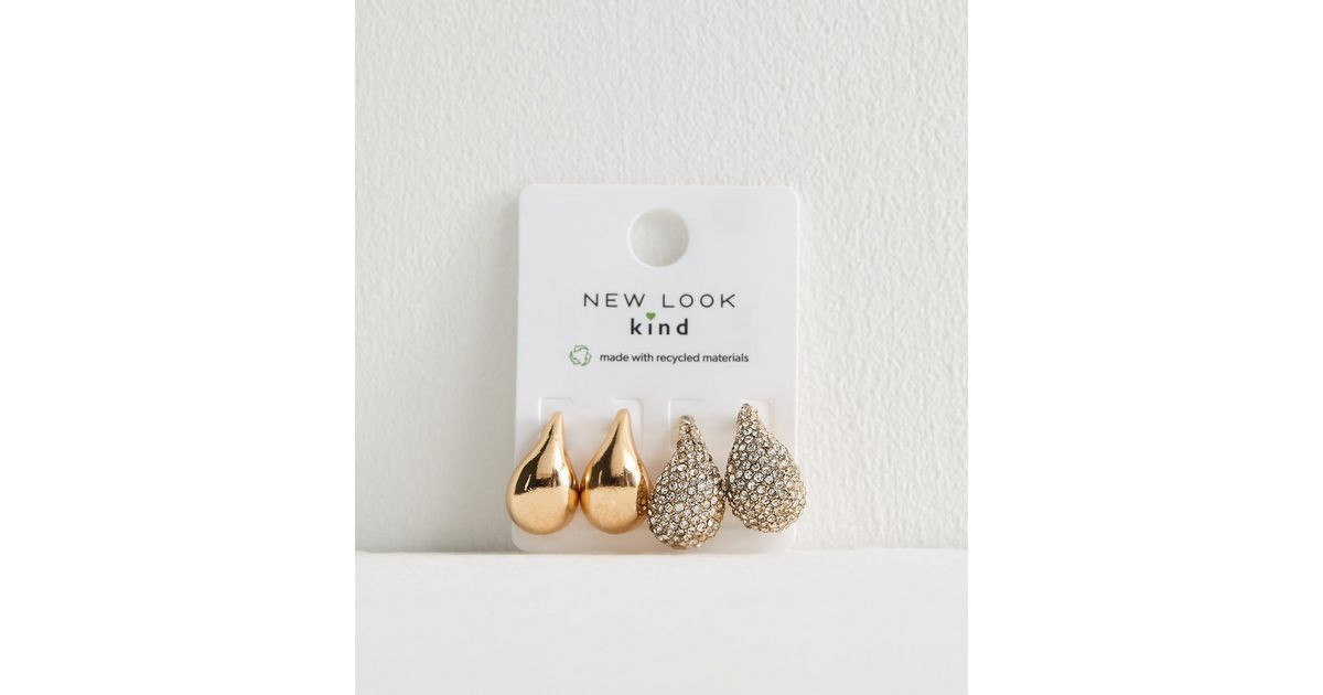 2 Pack Gold Plain and Diamanté Teardrop Stud Earrings | New Look | New Look (UK)