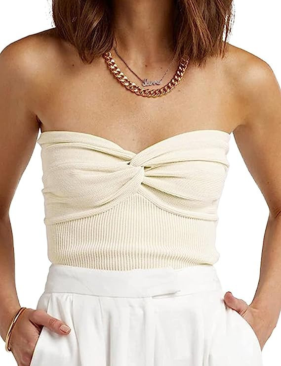 ANGGREK Womens Strapless Crop Top Twist Front Knit Tube Crop Top Tank Top Sleeveless Y2K Slim Fit... | Amazon (US)