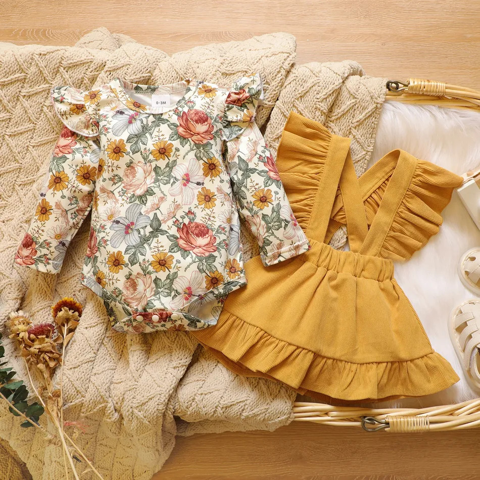 Baby 2pcs Floral Print Long-sleeve Romper and Yellow Corduroy Ruffle Suspender Skirt Set | PatPat