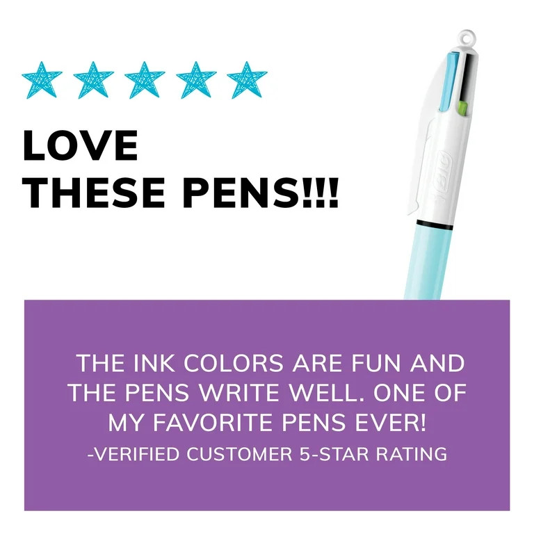 BIC 4-Color Fashion Ballpoint Pen, 1.0mm Medium Point, Purple, Pink, Turquoise, Lime Green Ink, 2... | Walmart (US)