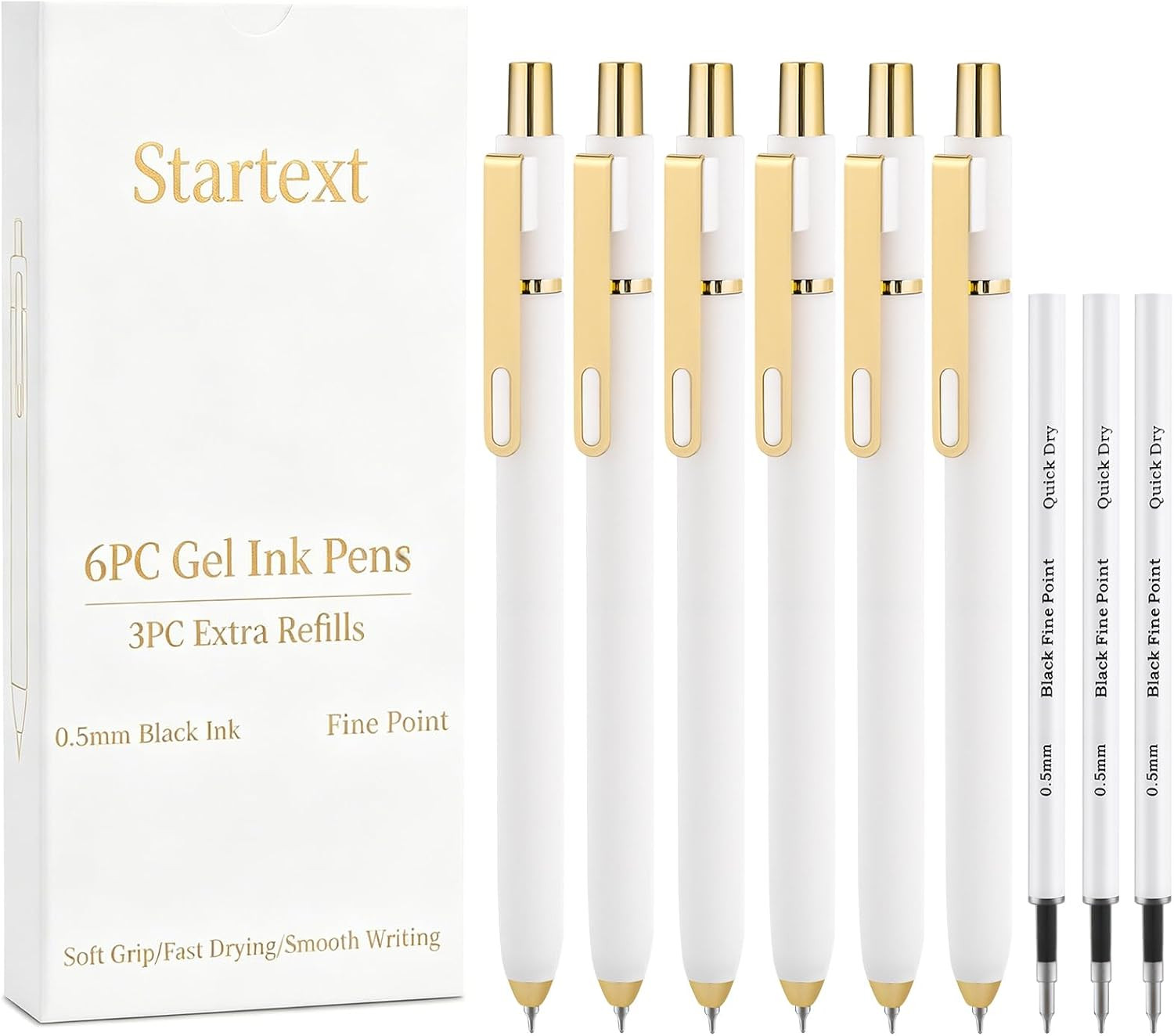 6Pcs Gel Pens-0.5mm Fine Point Black Ink with 3 Extra Refills, Soft Comfortable Grip,Smooth Fluent Writing,Retractable Design for Men Journal,Business Office and Nurse Note Taking (White) | Amazon (US)