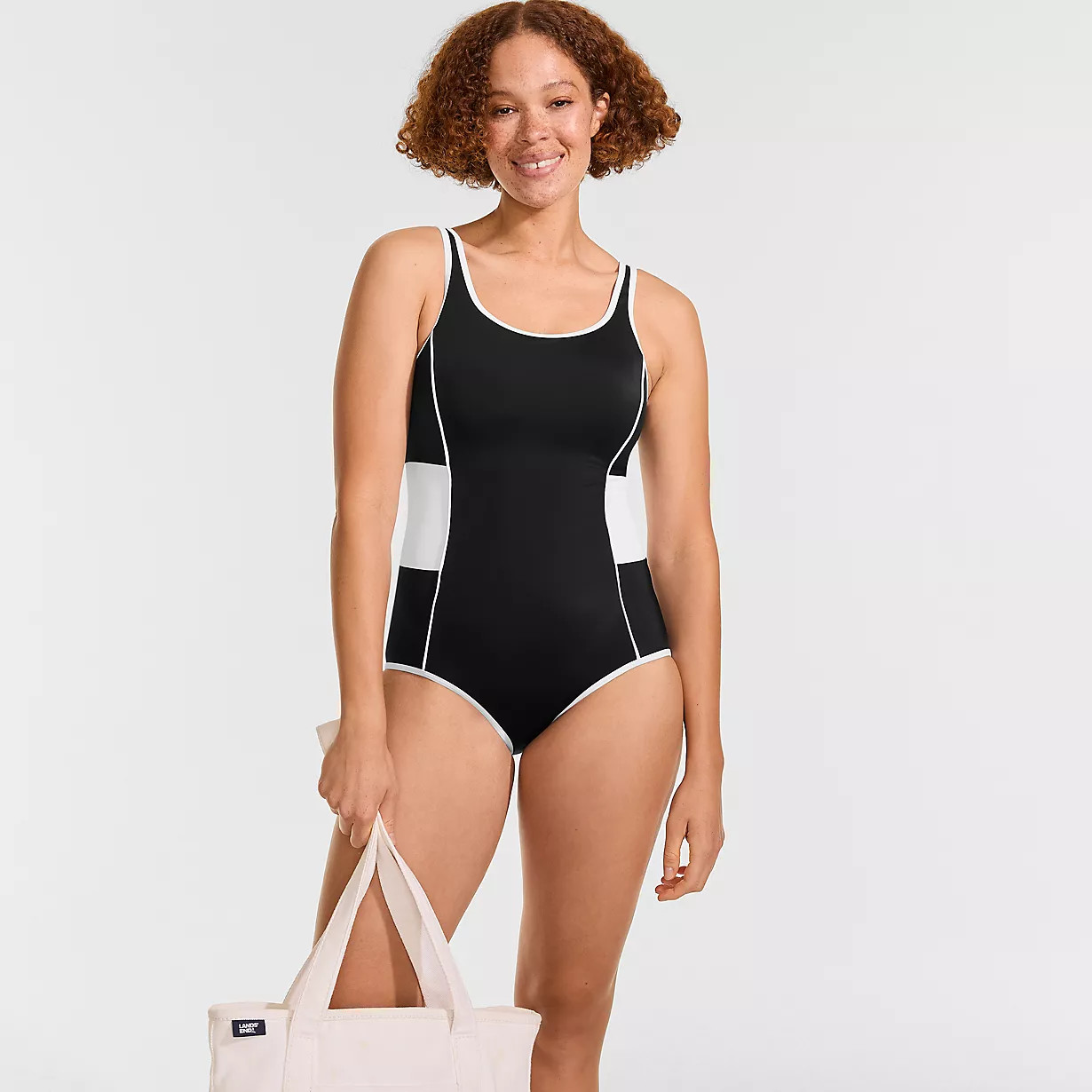 Women's Tugless Scoop Neck Colorblock Low Leg One Piece | Lands' End (US)