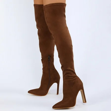 Rourlinge Women Shoes Fashion Solid Color High Heels Casual Warm Slip-on Over The Knee Boots Brown 3 | Walmart (US)