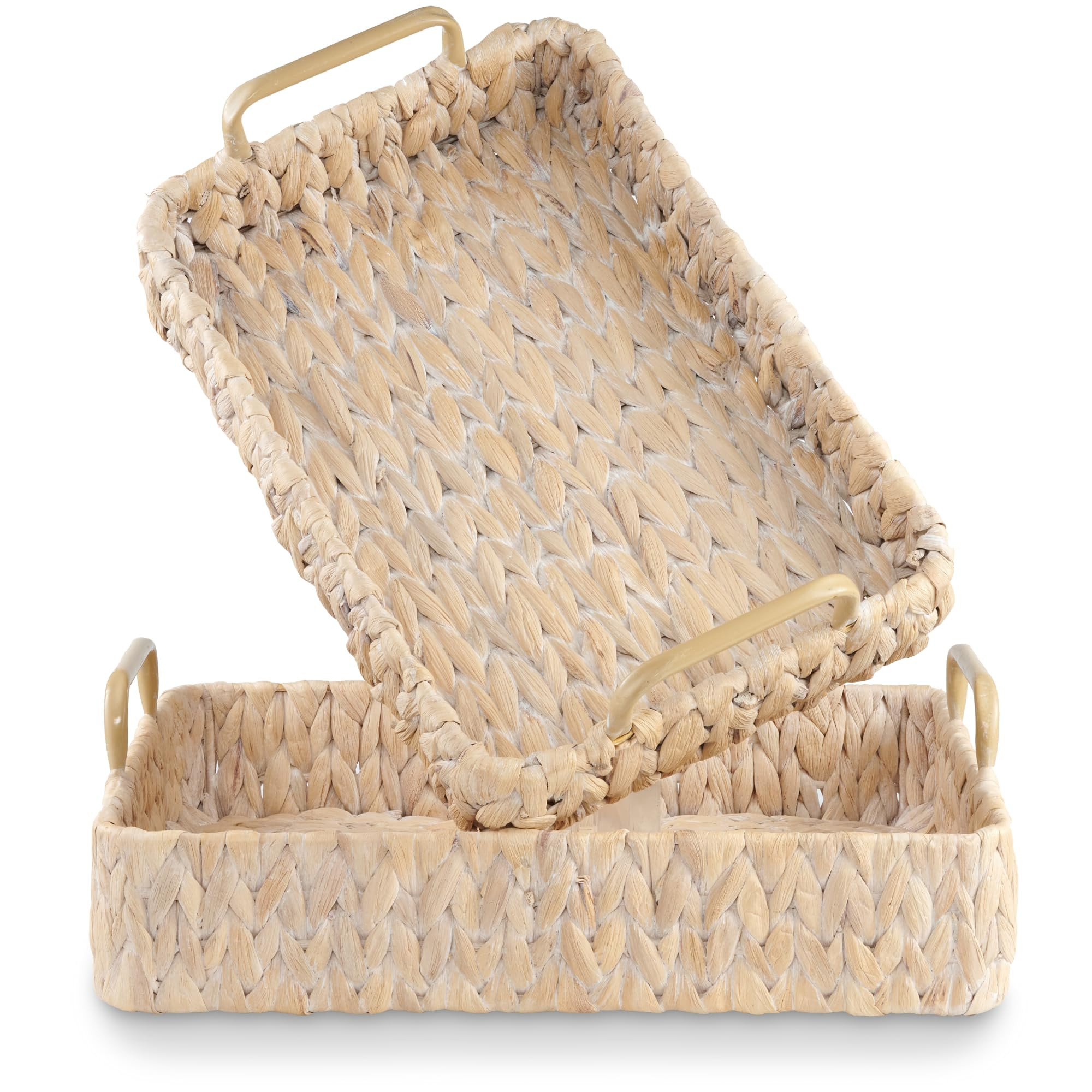 Set of 2 Rectangular Wicker Trays with Handles - Decorative Trays for Coffee Table, Ottoman, Dini... | Amazon (US)