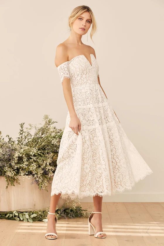 Absolutely Stunning White Lace Off-the-Shoulder Midi Dress | Lulus (US)