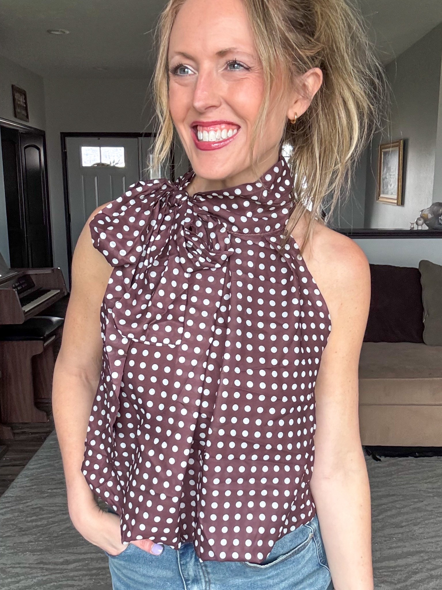 Polka dots and bubble hem? 🤎 Yes, please! This halter top is so cute! Wearing an xsmall. 

As an Amazon Influencer I earn commission on qualifying purchases.

Polka dot top, trendy top, mom style, brown top, halter style top, spring outfit inspo, date night top idea 

#LTKMidsize #LTKootd #LTKmomlife