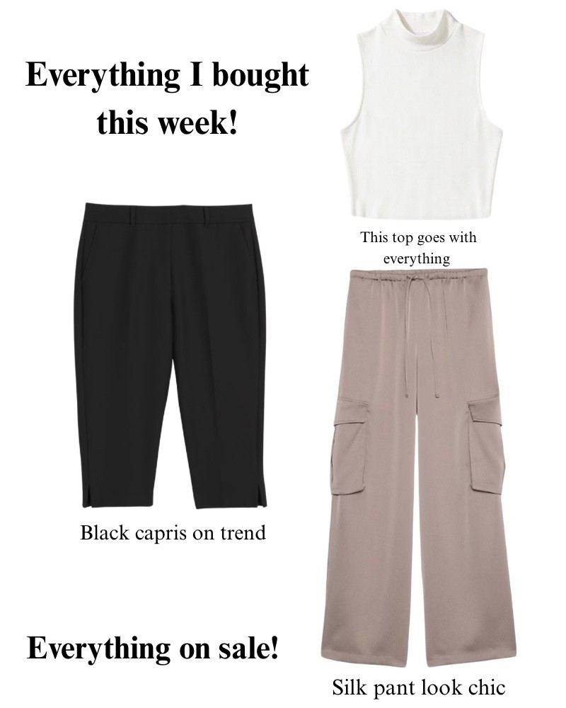 This is everything I bought when I went shopping at the outlets this week. All on SALE!! I love that capri pants made a comeback!! These silk pants will elevate any look!! This mock neck sleeveless top is light for summer and will go with any bottoms!! Chic, classy, partisan style.

#LTKSaleAlert #LTKootd #LTKOver40