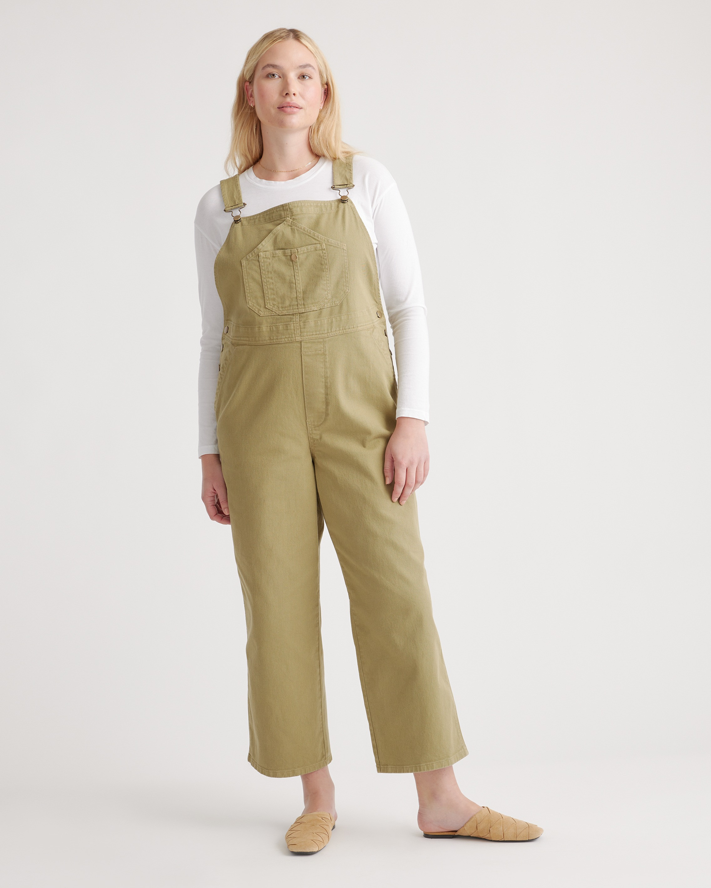 Quince | Women's Organic Stretch Cotton Twill Relaxed Overalls in Olive, Size Medium, Organic Cotton | Quince