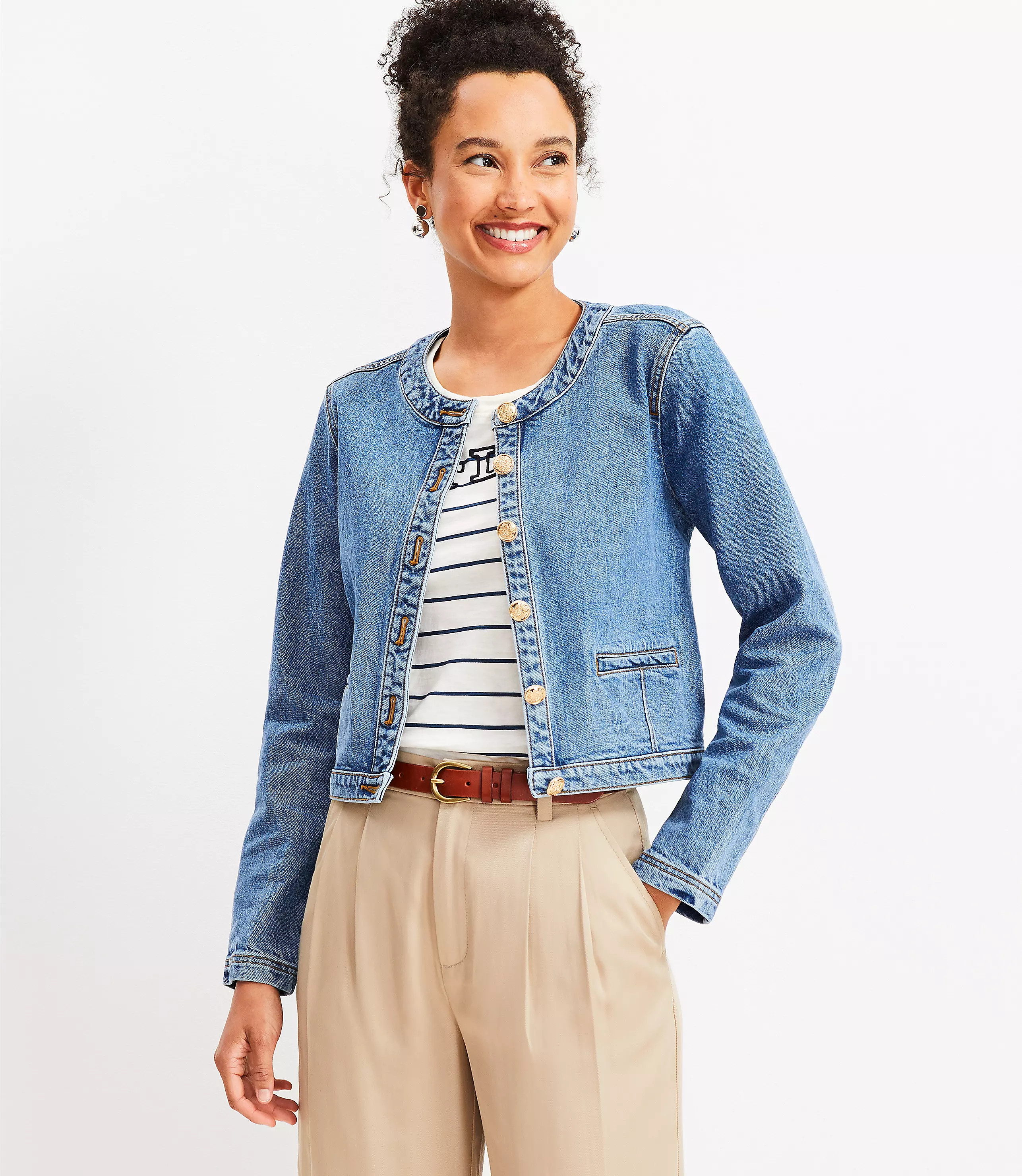 Collarless Denim Jacket in Bright Medium Stone Wash | LOFT