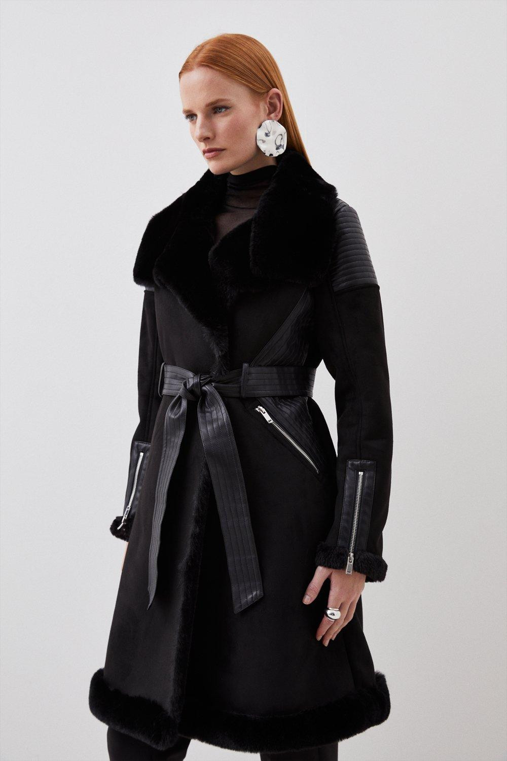 Faux Shearling Biker Longline Belted Coat | Karen Millen UK + IE + DE + NL
