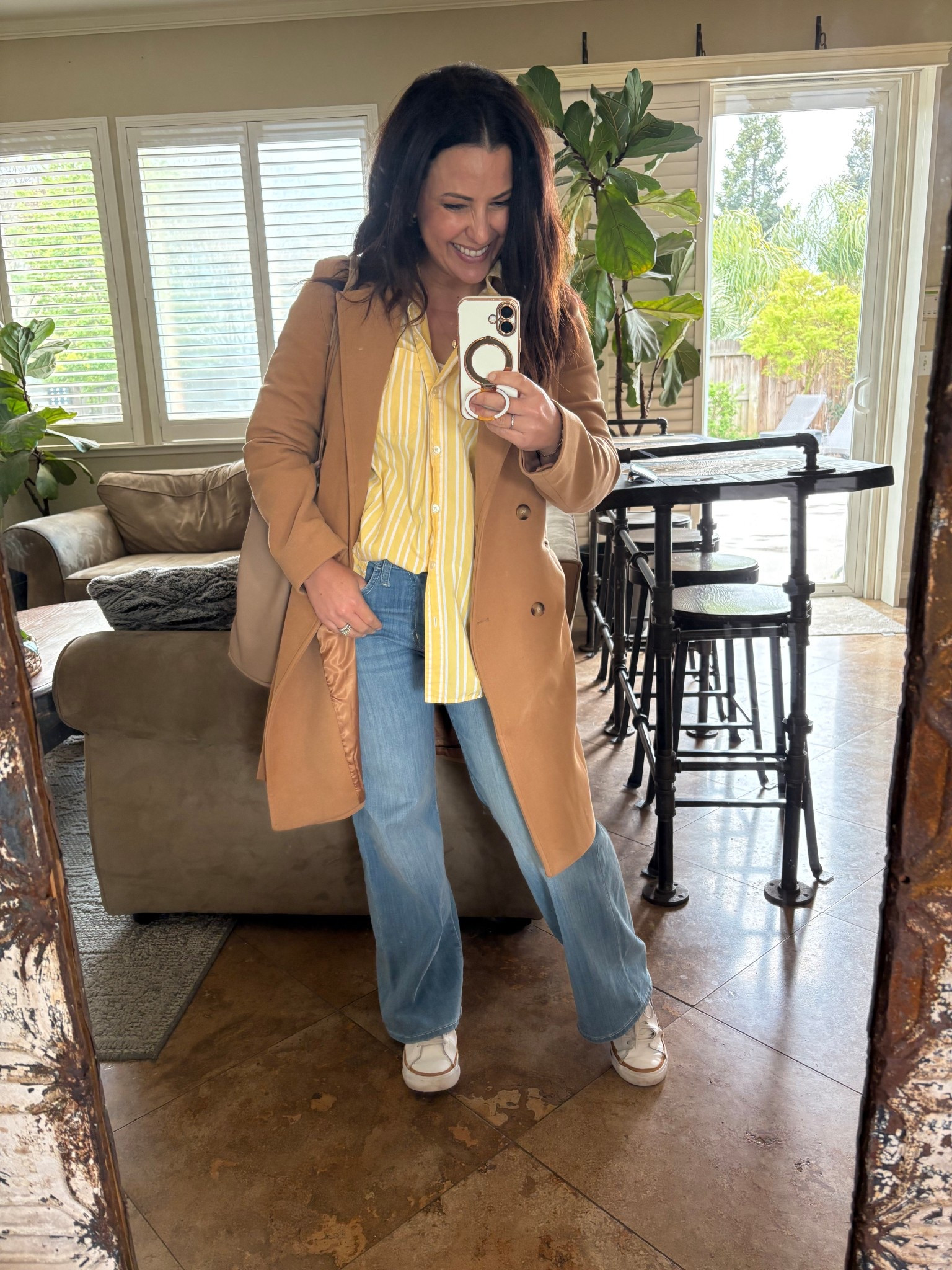 I made my own sunshine ☀️ on this rainy day! Oversized button down shirt, wide leg jeans, camel coat, sneakers. Teacher ootd, casual style, mom outfit, spring stylee

#LTKOver40 #LTKPetite #LTKWorkwear