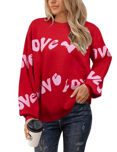 UNIQUEONE Valentines Sweater Women Love Sweatshirt Heart Graphic Knit Sweaters Romantic Valentine Day Oversized Crewneck Tops Red | Amazon (US)