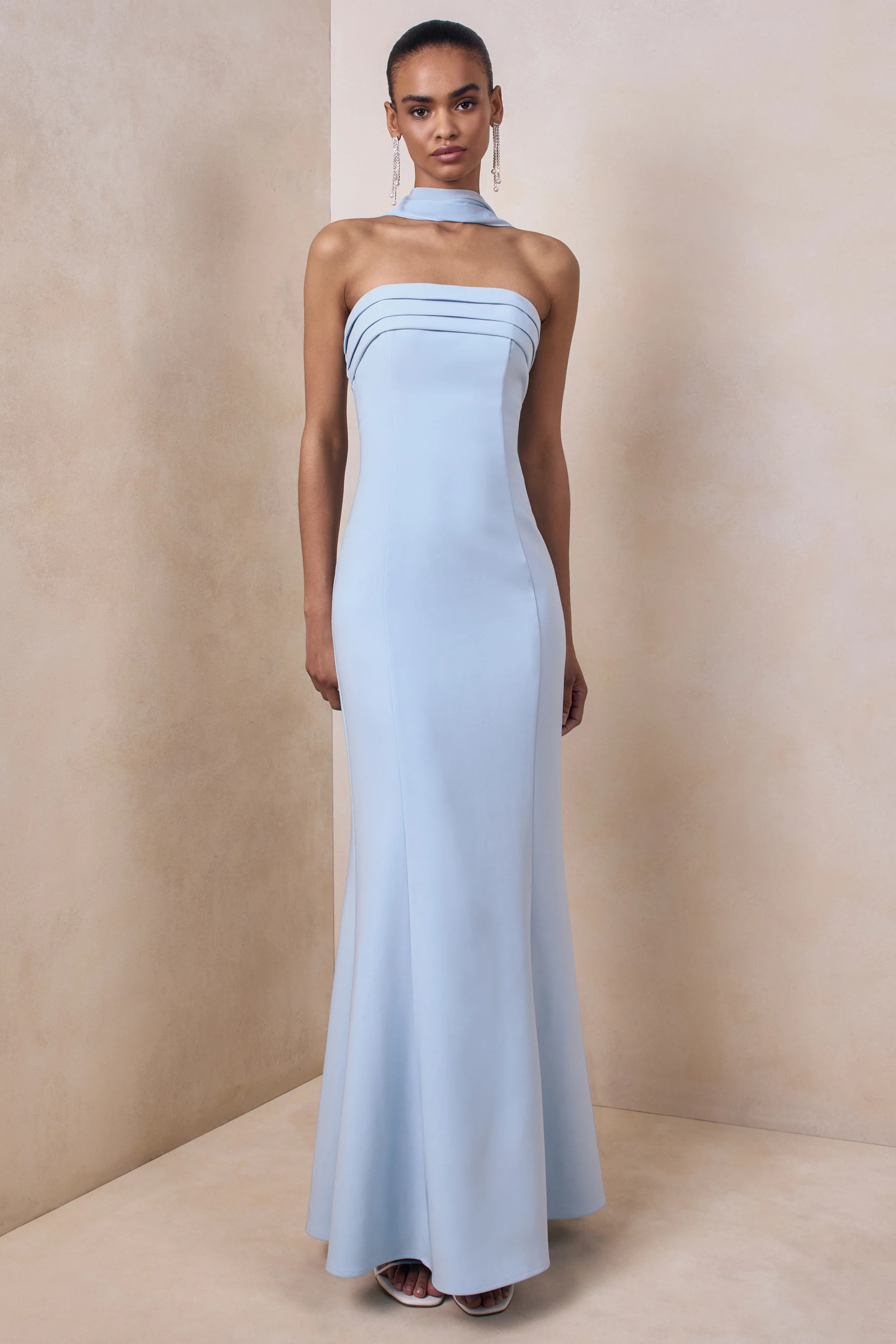 Nerissa | Light Blue Bandeau Maxi Dress With Scarf | Club L London