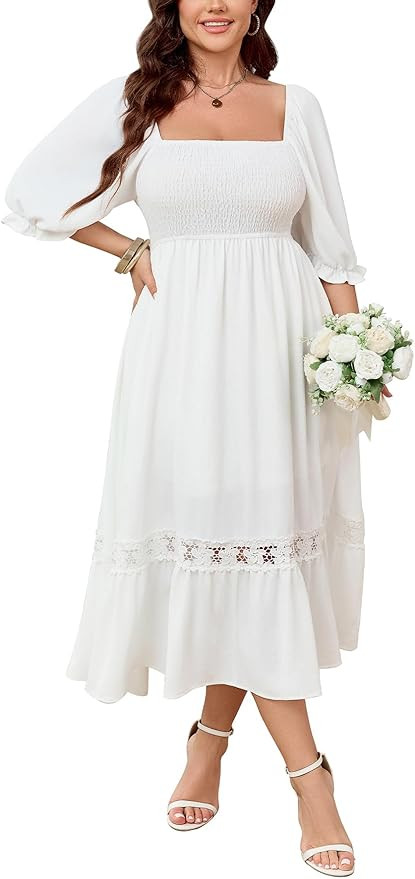 SCOMCHIC Women's Plus Size Maxi Dress Short Sleeve Square Neck Smocked Flowy A-Line Lace Trim Boh... | Amazon (US)
