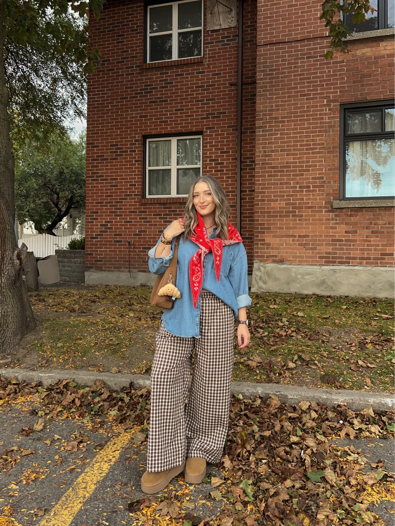 Casual fall outfit! Wearing size L in the denim shirt (Canadian link under “similar products”). Plaid pants are super comfy, I’m wearing M. I’m a 9.5-10 shoe and wear a 10 in the Uggs. My red bandana scarf is low stock, so I linked a bunch of similar options