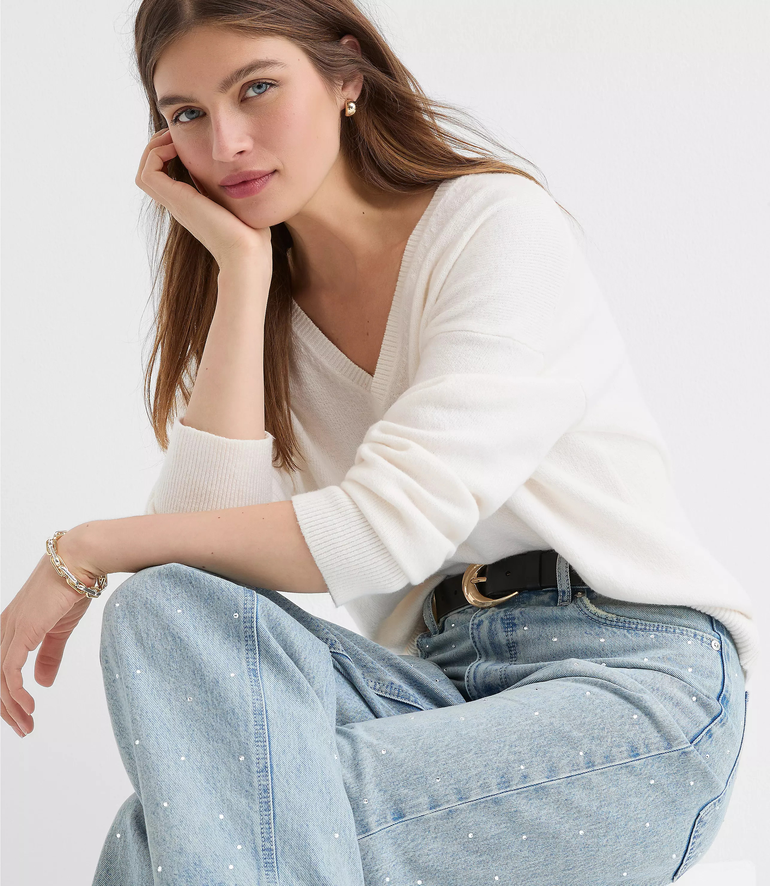 Sparkle Embellished High Rise Barrel Jeans in Vintage Light Indigo Wash | LOFT