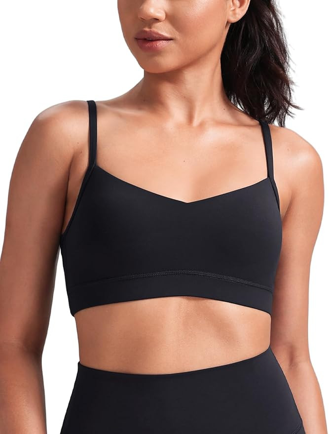 HeyNuts Womens V Neck Sports Bra, Spaghetti Thin Straps Camisole Yoga Tops Padded with Built in B... | Amazon (US)