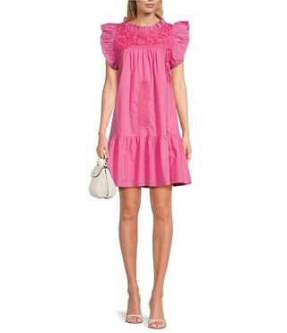 Wrin Ruffle Crew Neck Cap Sleeve Novelty Trim Side Pocket Tiered Waistless Dress | Dillard's