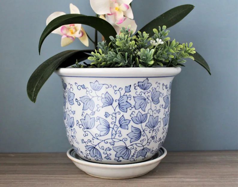 Large Planter W/ Drainage Saucer Porcelain Blue & White - Etsy | Etsy (US)