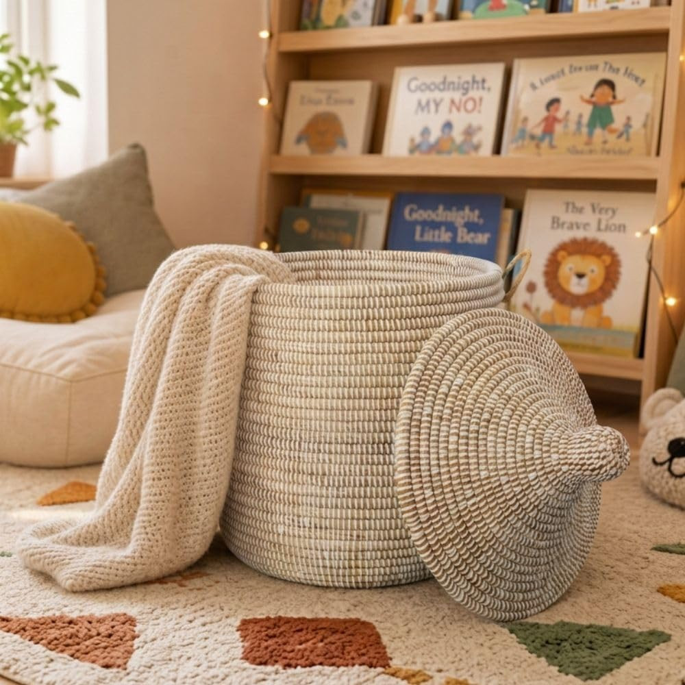 Small Wicker Basket with Lid and Handles, White African Woven Basket, 12" W x 14" H | Amazon (US)