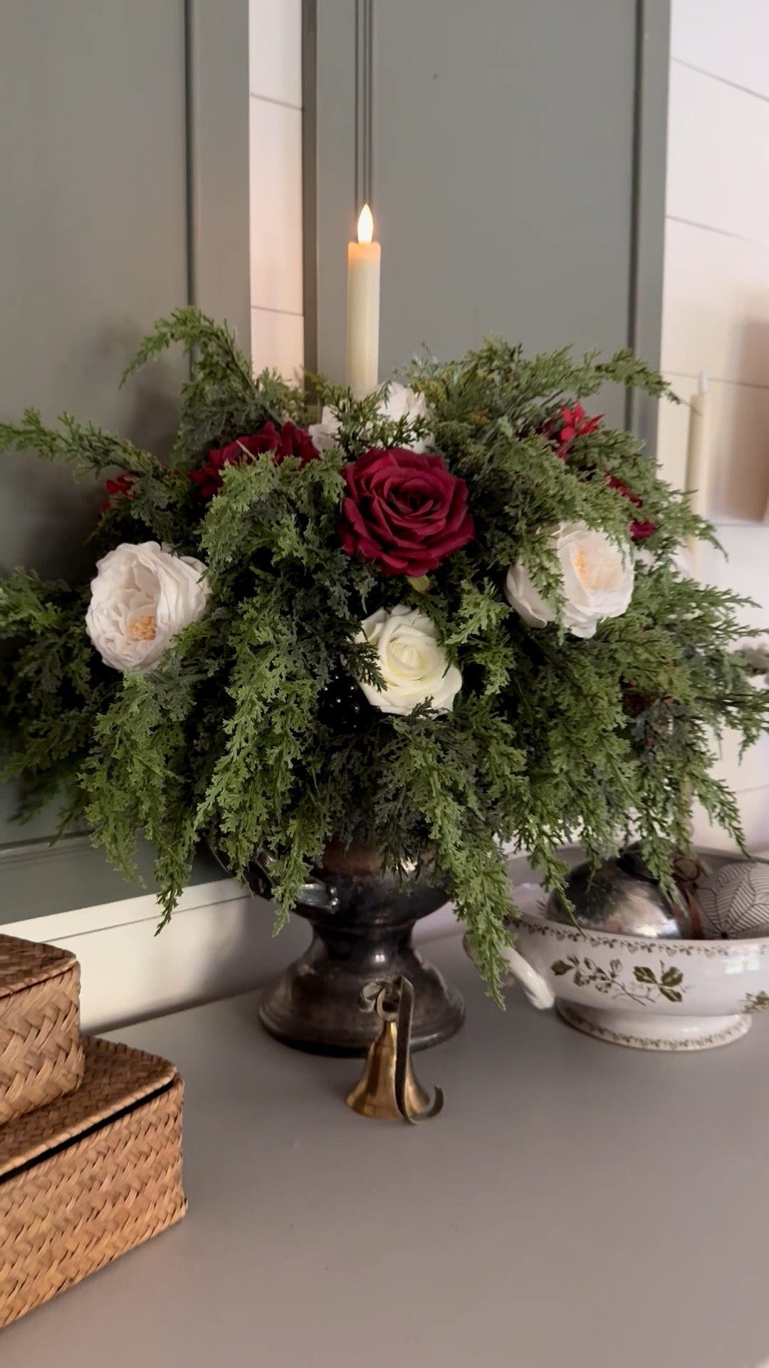 A wine urn for chilling, wine, a candlestick, a rechargeable candle, and a beautiful bouquet made of realistic, real touch, cedar stems, real touch, white roses, and burgundy roses

#LTKHome #LTKSeasonal #LTKHoliday