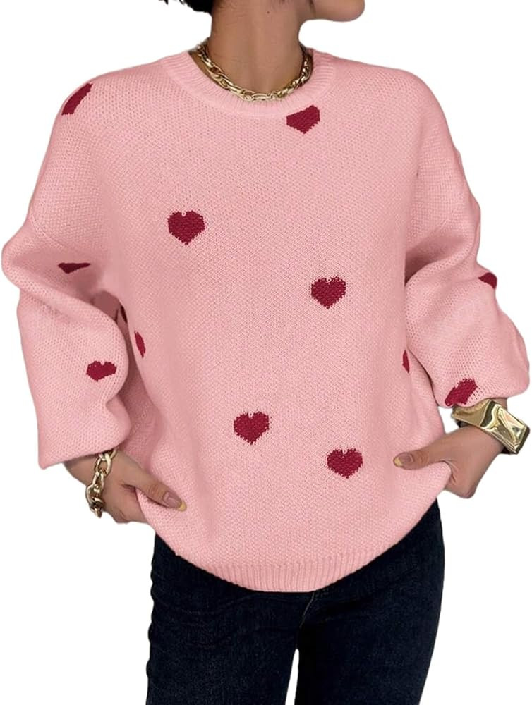 Womens Sweaters Heart Crewneck Loose Pullover Long Sleeve Lightweight Knit Sweater Fall Fashion J... | Amazon (US)