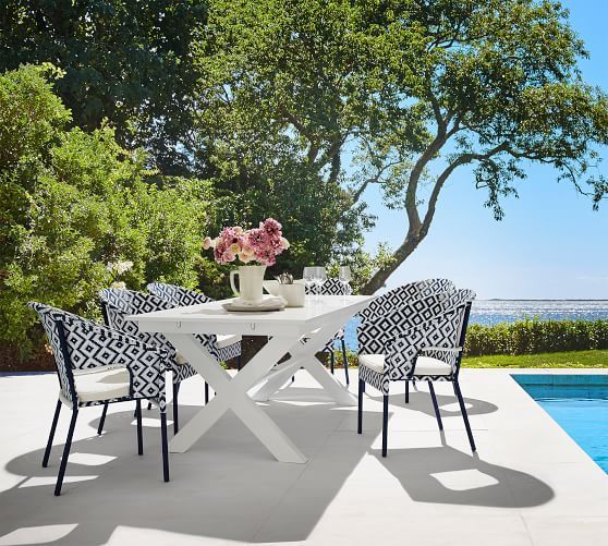 Perfect Pair: Indio X-Base Metal Extending White Dining Table + Palmetto All-Weather Wicker Blue ... | Pottery Barn (US)