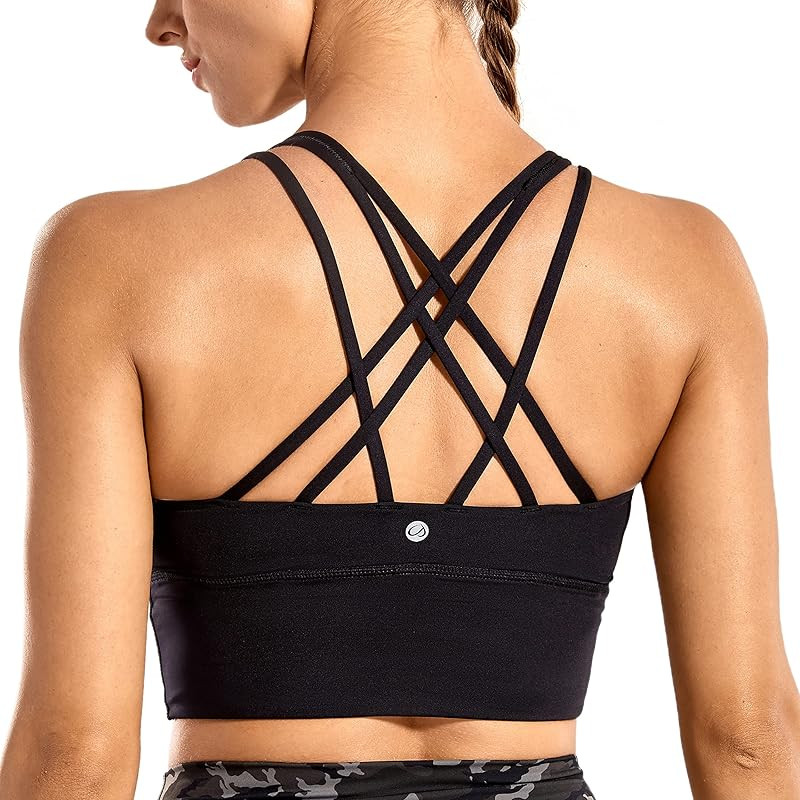 Women's Strappy Longline Sports Bras - Wirefree Padded Medium Impact Workout Crop Tank Top | Amazon (US)