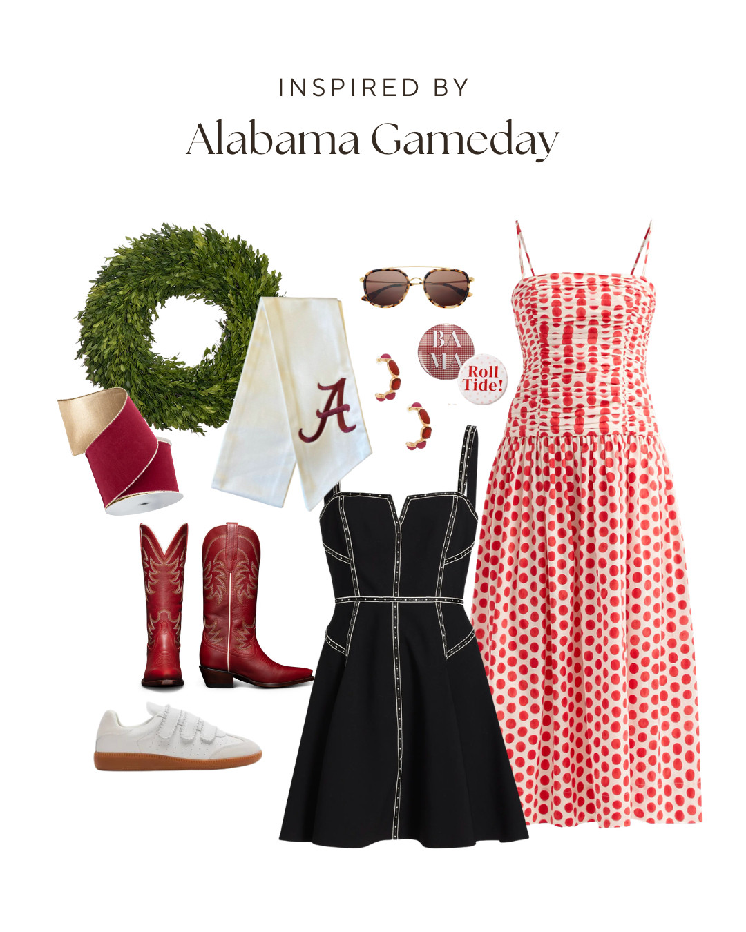 Alabama Gameday in style featuring our bama wreath sash, red ribbon, and round boxwood! 

 