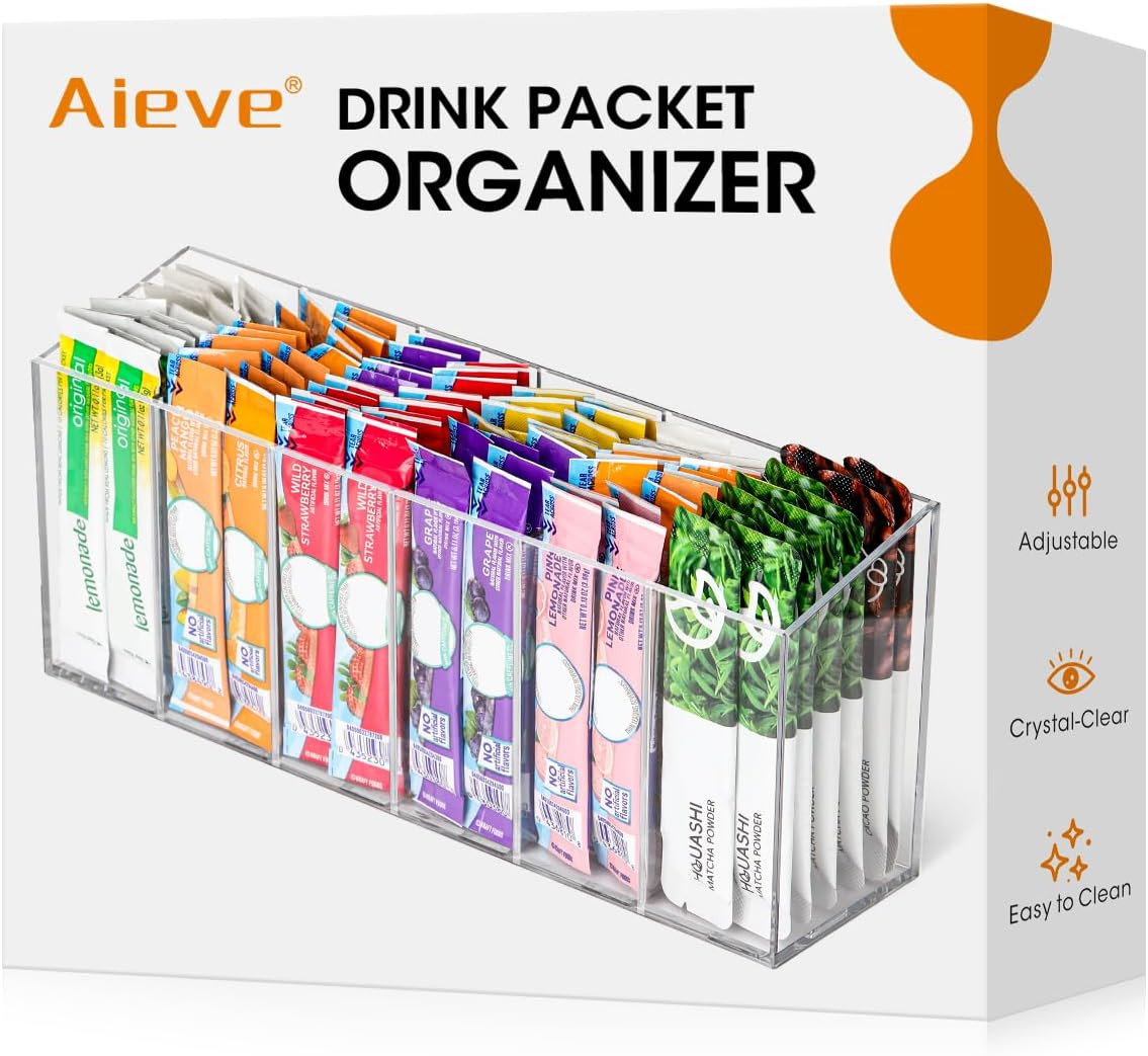 AIEVE Drink Packet Organizer, Water Drink Packet Holder with Removable Divider, Water Flavor Packet Organization Container for Kitchen Organizers and Storage (6 Compartments) | Amazon (US)