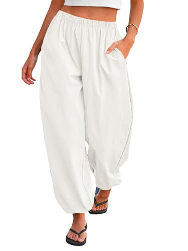 Tankaneo Womens Balloon Baggy Pants Trendy Casual Elastic Waist Wide Leg Harem Pants Pleated Lantern Trousers White | Amazon (US)
