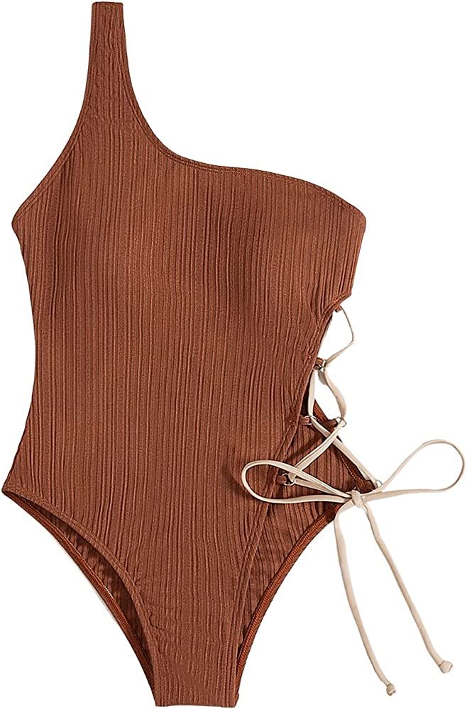 SweatyRocks Women's Lace Up High Cut One Piece Swimsuit One Shoulder Bathing Suit | Amazon (US)
