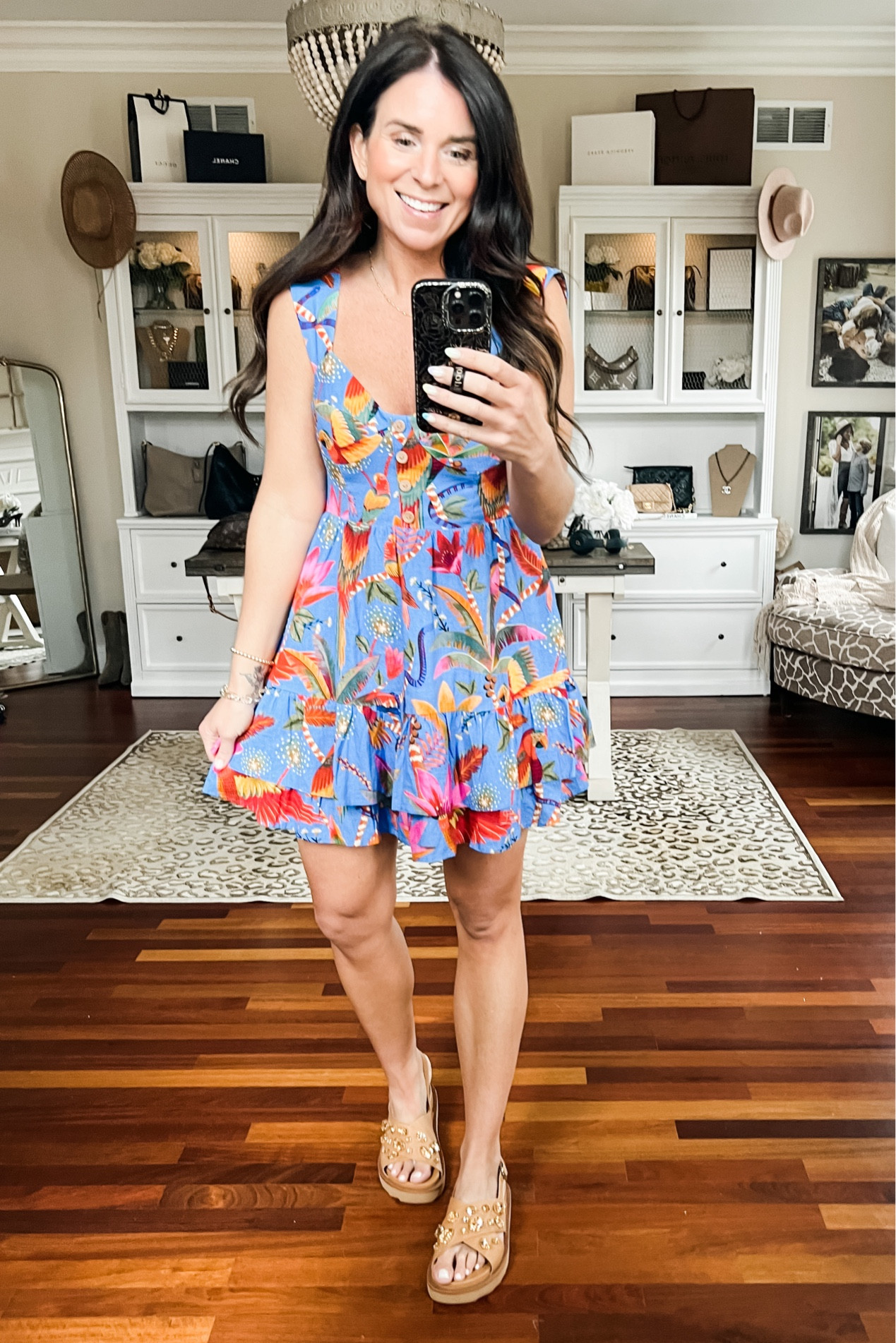 floor length blue floral dress A-Line Square Neck Blue Floral Printed Satin Long Prom Dress Custom Color / US2