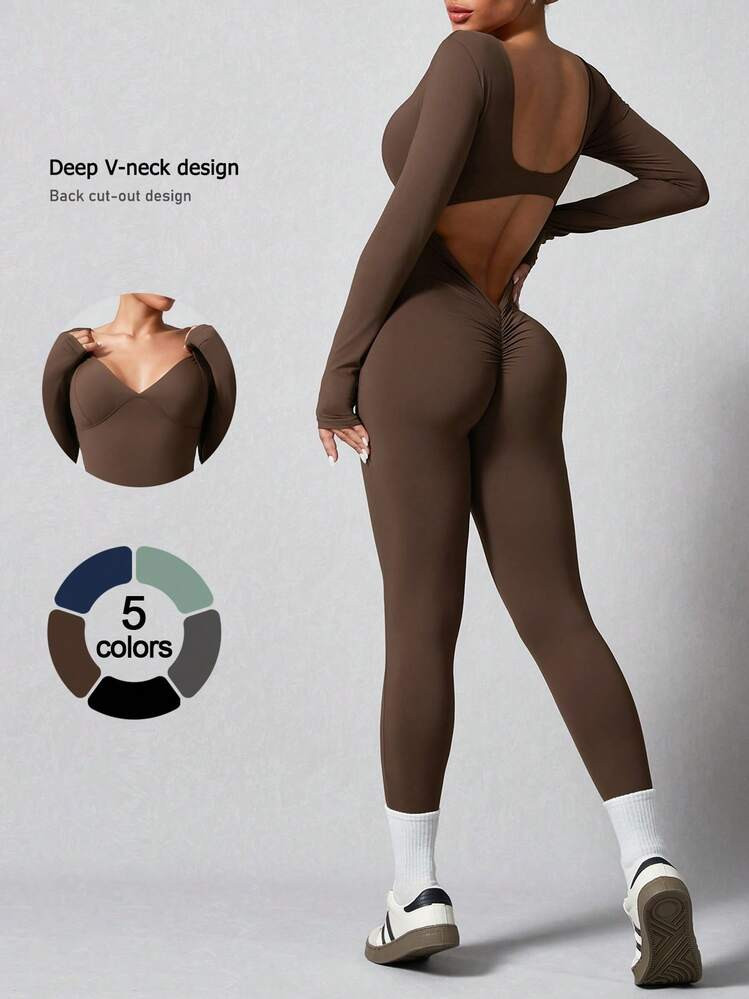 NcmRyu Monos De Manga Larga Para Mujer, Sexys, Sin Espalda, Ajustados, Con Escote En V, Para Yoga, Entrenamiento, Gimnasio | SHEIN