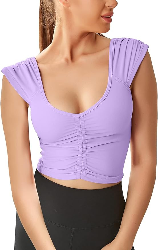 Women Workout Tops Sleeveless Yoga Longline Sports Bra Cutout Short Sleeve Crop Tank Top Gym Runn... | Amazon (US)