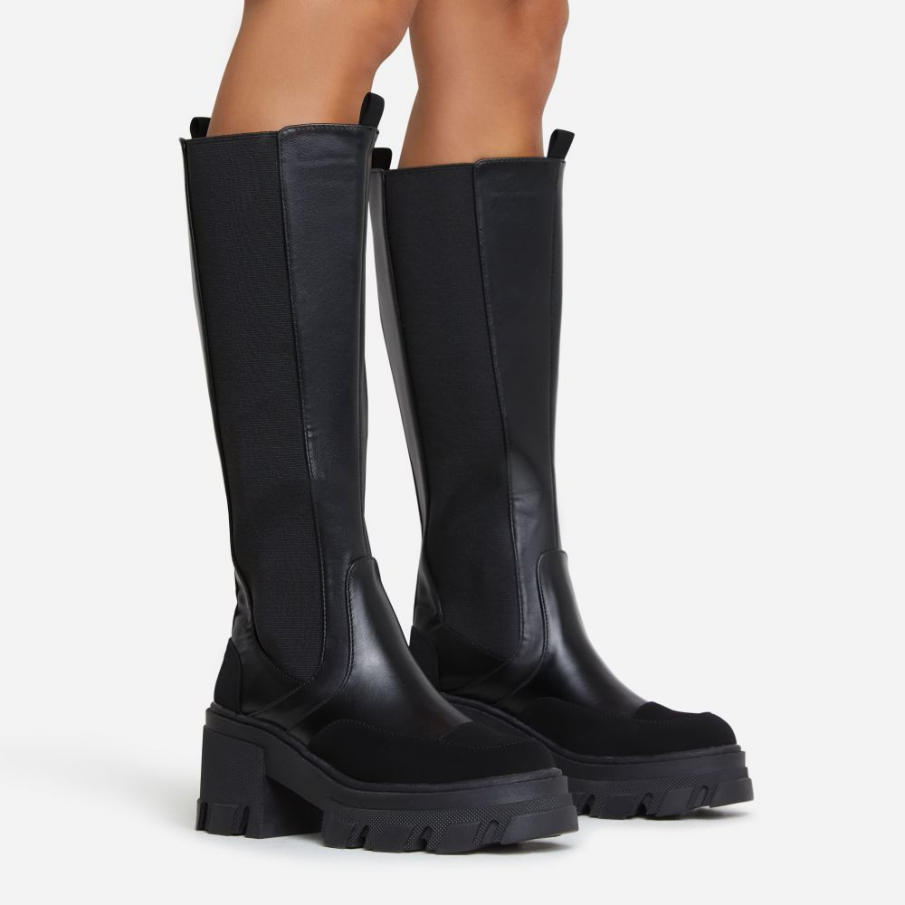 Stay Forever Chunky Sole Knee High Long Chelsea Biker Boot In Black Faux Leather | EGO (UK)
