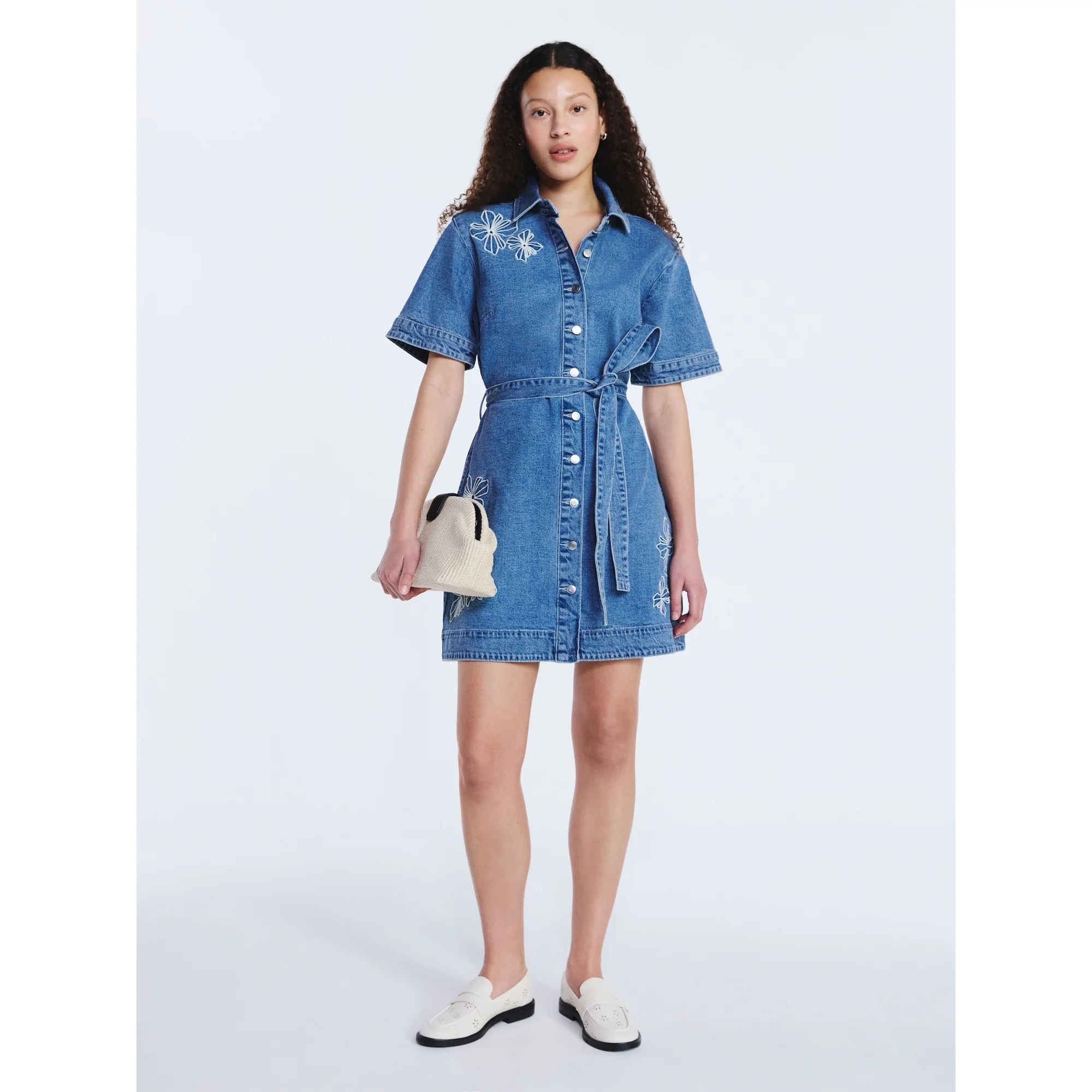 Free Assembly Women's and Women's Plus Embroidered Denim Mini Shirtdress with Belt, Sizes XS-4X | Walmart (US)