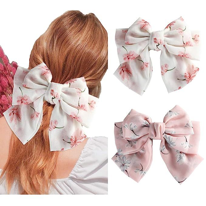 Chiffon Bow Barrettes Hair Clips - AWAYTR 2 Packs Flower Elastic Hair Bow for Women Wedding Party... | Amazon (US)