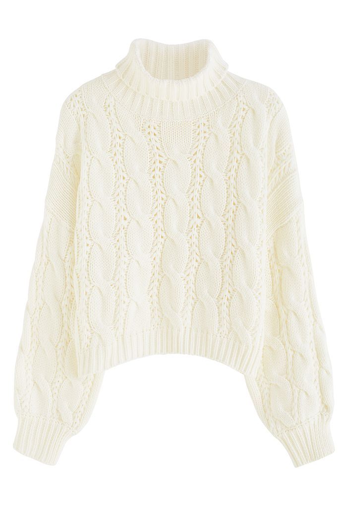 Turtleneck Braid Knit Crop Sweater in Cream | Chicwish