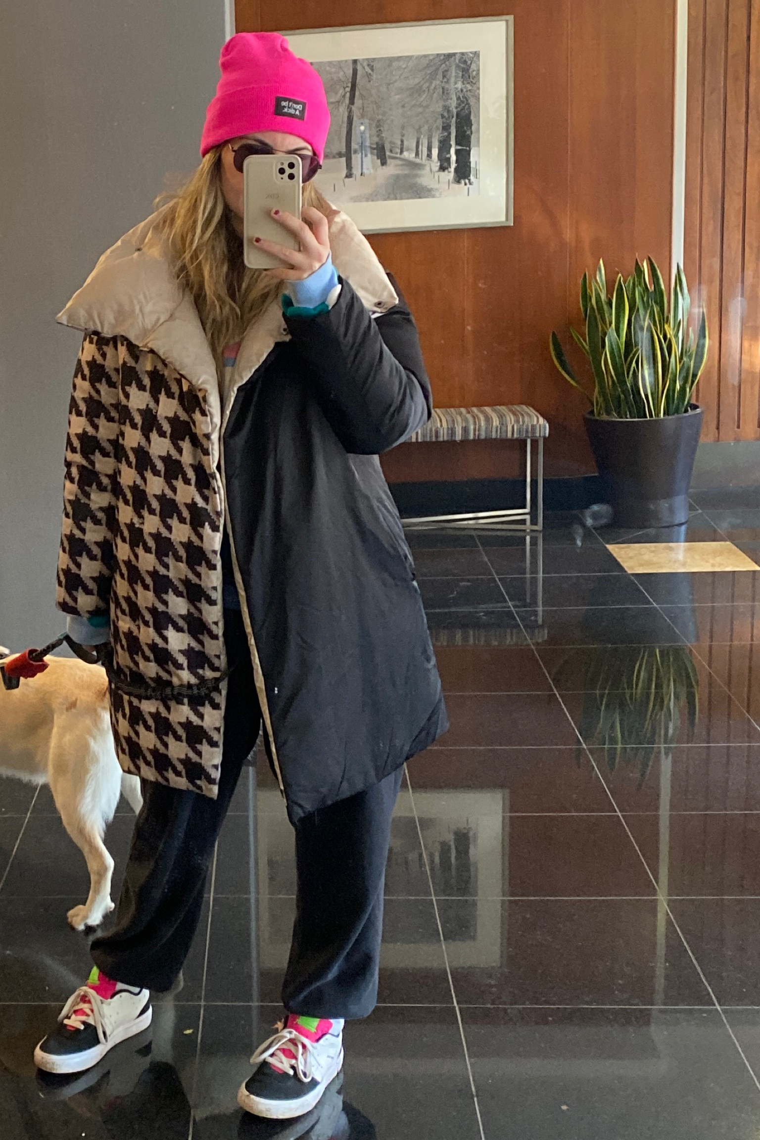 I live in these sweatpants all year long because they are so comfy!! And very flattering for sweatpants. Paired with my houndstooth coat (linked similar), pink beanie hat and Nike sneakers. Added a doggie outfit so you can match 😂

#LTKMidsize #LTKActive #LTKootd